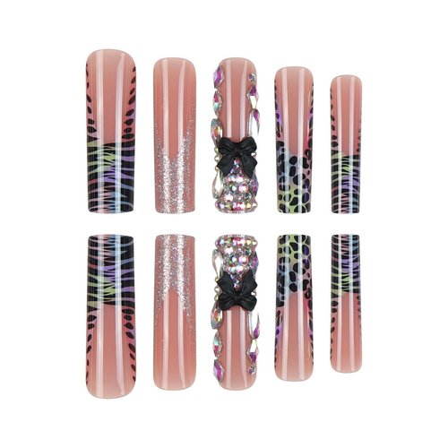24Pcs Extra Long Press on Nails Square Shape Fake Nails Colorful Leopard French False Nail Tips Long Glossy Acrylic Nails Full Cover Rhinestones and Gems Glue on Nails Bow Nails for Women and Girls