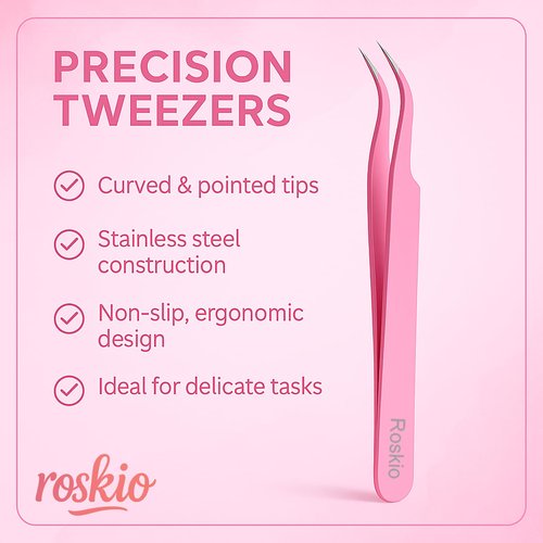 Roskio Nail Tweezer, 2pcs Stainless Steel Straight & Curved Nail Art Tweezers for Stickers, Rhinestone, Eyelash Extension, Nail Stickers, Cuticle, Rhinestone Picker Tool