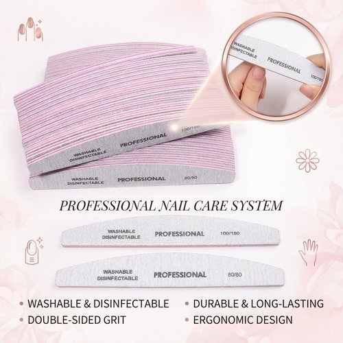 Klimonla 25PCS Professional Half Moon Emery Board Nail Files, 100/180Grit Dual-Sided Buffer, Reusable Nail Filing Tools for Natural & Acrylic Nails, Home & Salon Manicure Supplies
