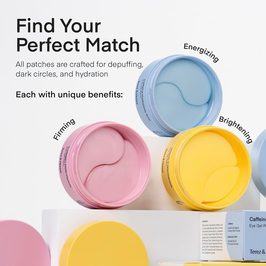 Terez & Honor Under Eye Patches - 60 Korean Hydrogel Masks with Caffeine & Hyaluronic Acid for Dark Circles & Puffiness | Vegan & Fragrance-Free