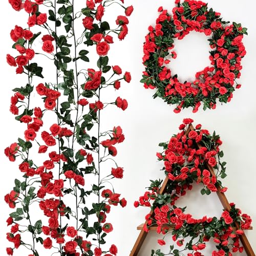 Red Artificial Flower Garland 24FT - Faux Rose Vines for Wedding & Home Decor