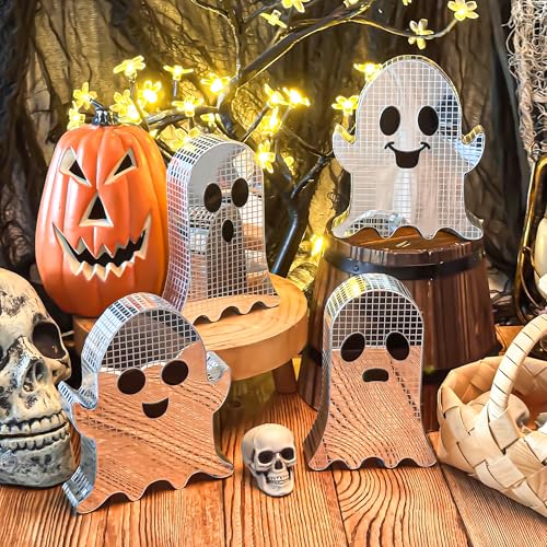 Halloween Disco Ghost Decor Set - 4 Mirrored Spooky Tabletop Decorations
