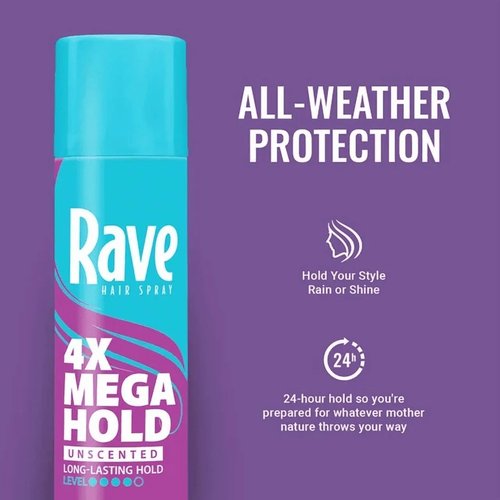 Rave 4X Mega Unscented Aerosol Hairspray - Humidity-Resistant Hold & Volume - 2-Pack