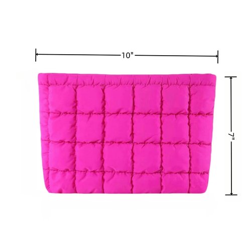 CECKQUE Soft Checkered Quilted Puffy Makeup Bag for Women, Aesthetic Puffer Cosmetic Bag Pouch for Purse (Hot Pink)