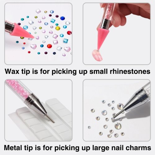 2 Pack Rhinestone Picker Tool Dotting Pen with 4 Wax Tips and Tray, Wax Pencil for Rhinestones, Gem Picker Pen Diamond Jewel Applicator, Rhinestone Tools Kit for Bedazzling DIY Nail Art