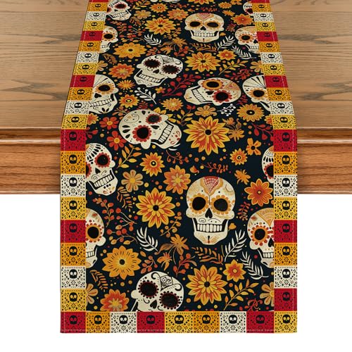 Sugar Skull Table Runner - Day of The Dead Mexican Decor for Dining Table 13x72 Inches