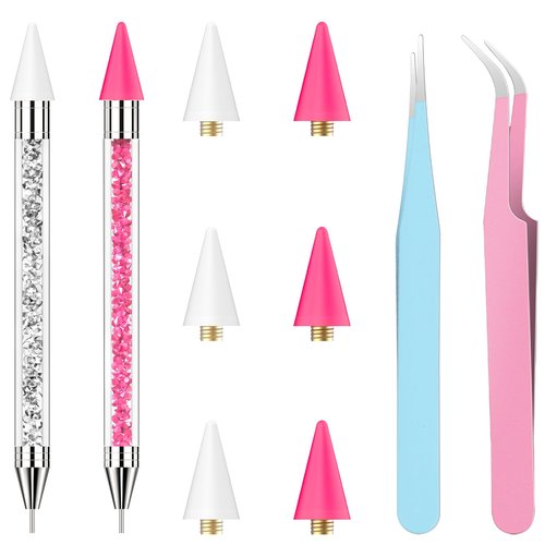 OIFEN Rhinestone Picker Tool,2 Wax Pencil for Rhinestones, Dual-Ended Rhinestone Applicator Wax Pen Gem Picker Tool with 6 Extra Wax Tips and 2 Tweezers (Pink+White)