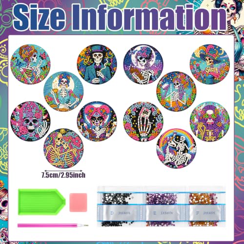 Halloween Sugar Skull Diamond Art Magnets - Multi Color Skeleton Design, 12 Pack