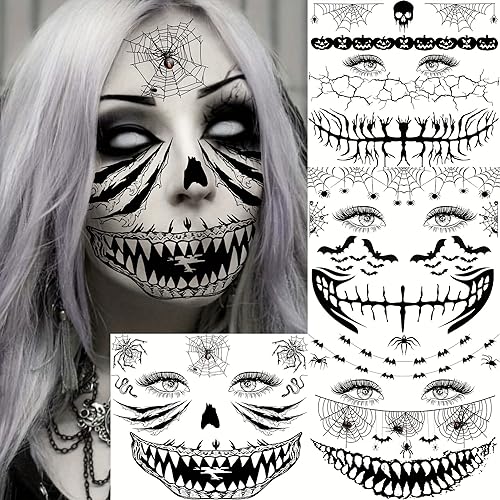 Halloween Face Temporary Tattoos Set - ScaryFace Variation, 4 Sheets, Kids & Adults