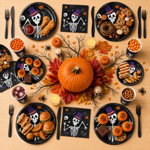 Halloween Skeleton Party Supplies Set - Plates Cups Napkins Cutlery Balloons Banner