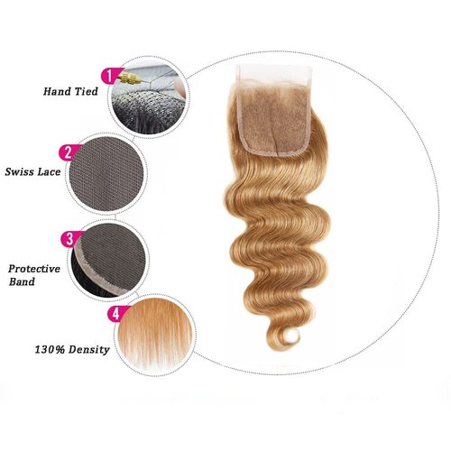 4X4 Honey Blonde 27# Closure Pre Plucked Closure Hd Transparent Lace With Baby Hair Brazilian Virgin Hair Body Wave 14 Inch Next Day Delivery