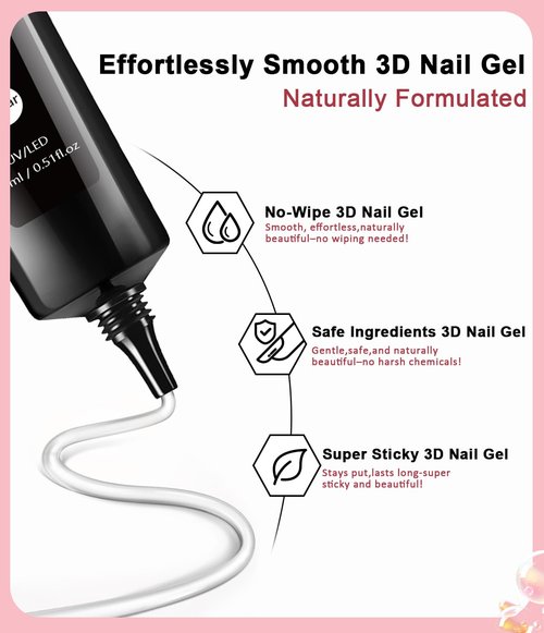3D Nail Gel and Chrome Nail Powder BISHENGYF - 15g No Wipe 3D Sculpting with Rose Gold Chrome Powder Clear Non-Sticky Sculpting Gel for Home Art DIY