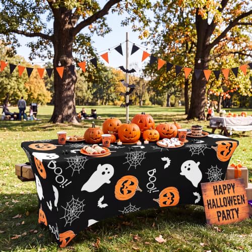 Halloween 2 Pack 6ft Rectangular Spandex Tablecloths with Pumpkin Ghost Print - Black, Orange, White