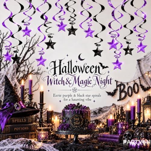 Purple Black Hanging Swirl Decorations - Metallic Foil Streamers, 36 Inch Set