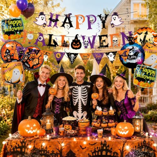 Halloween Party Decorations Kit - 22Pcs Foil Balloons Banner Swirls - Holiday Festive Decor