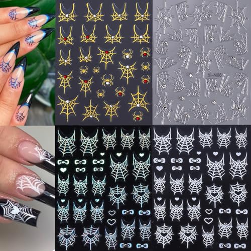 Halloween Nail Stickers Set - 4 Sheets 5D Embossed Spider Web Ghost Rhinestones