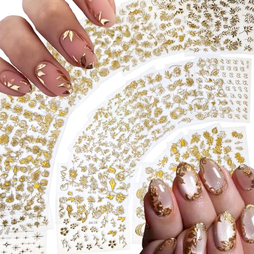 Gold Nail Art Stickers Decals Set - Style-13, 30 Sheets Self-Adhesive Flower & Leaf Designs for Nails