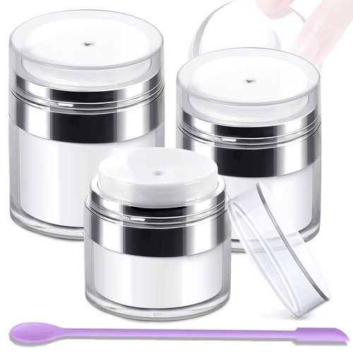 Airless Pump Jars, Refillable Cosmetic Moisturizer Airless Pump Jar 3 Pack Bottles Travel Size for Cream, Gels and Lotion with Silicone Spatula 0.5oz 1oz 1.7oz