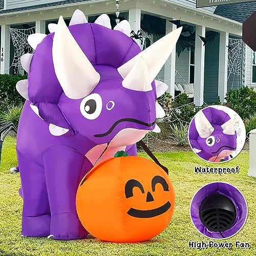 Halloween Dinosaur Inflatable with Pumpkin & LED Lights, 5 ft Outdoor Yard Decoration