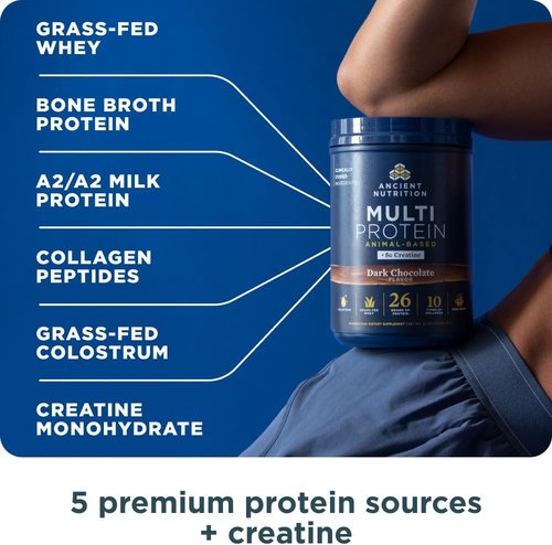 Ancient Nutrition Multi Protein Powder - 26g Protein, Grass-Fed Whey & Creatine, Dark Chocolate, 15 Servings