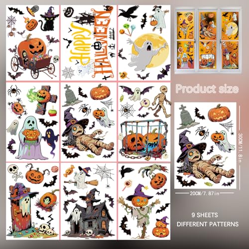 Halloween Window Clings Decals Set - 9 Sheets with Ghosts Pumpkins Bats