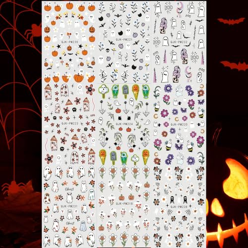 Halloween Nail Art Stickers Set - 9 Sheets Fall 3D Self-Adhesive Decals with Ghost Pumpkin Spider Web Designs - Style 4