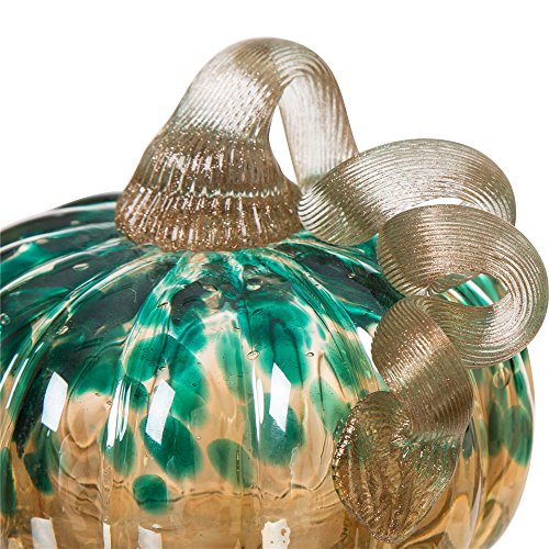 Hand Blown Glass Pumpkin Decor - 4.13 Inch Blue and Gold Glitter Fall Accent - Handmade Thanksgiving Table Centerpiece