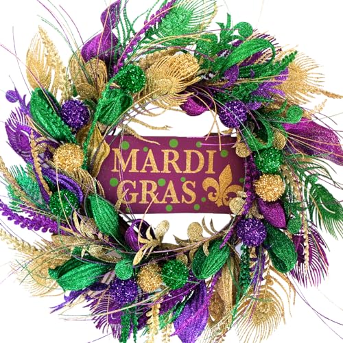 20-Inch Mardi Gras Glitter Wreath with Sign - Purple & Green Indoor Outdoor Decor, Variation: Green