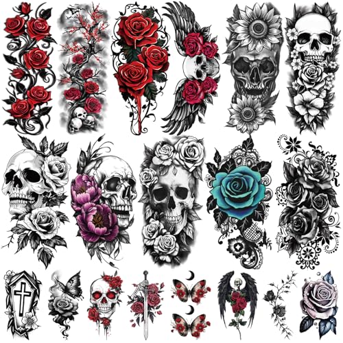 Spooky Flower Skull & Rose Temporary Tattoo Set - Large 77 Sheets for Halloween & Festivals
