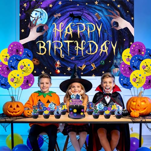 Horror Birthday Party Decorations Set - Blue & Purple Theme with Banner Balloons & Backdrop