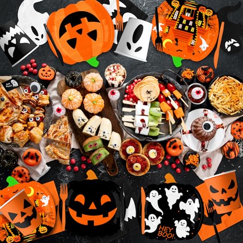 Halloween Pumpkin Paper Plates Napkins Cups Set for Spooky Party Decorations