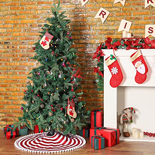 Christmas Tree Skirt 48 Inch Red White Rings with Pom Pom Trim - HOHOTIME Variation