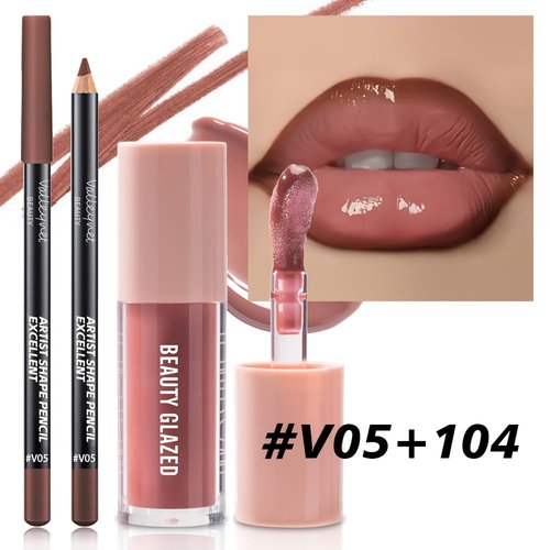 Beauty Glazed Lip Gloss & Lip Liner Set - Rosewood Nude | Achieve Fuller, High-Shine Lips
