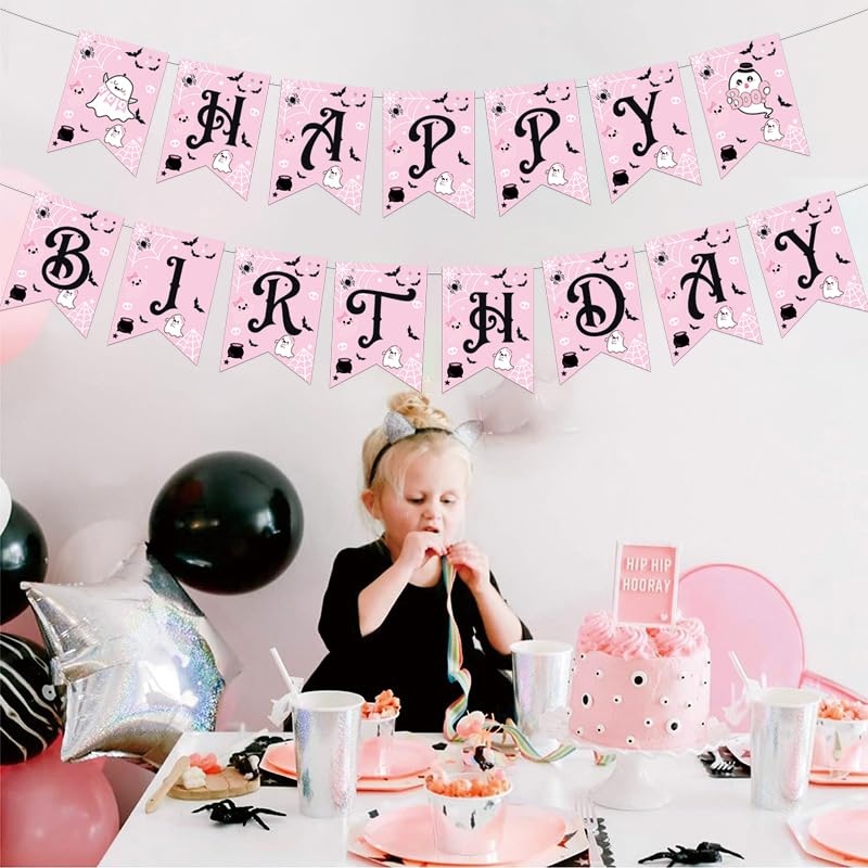 Pink Ghost Birthday Banner Halloween Party Decorations for Girls