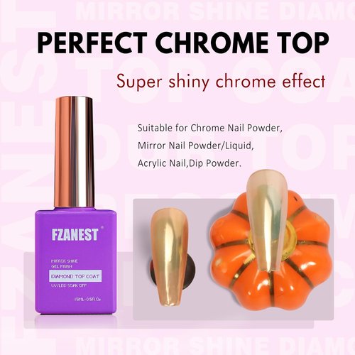 FZANEST Gel Top Coat 2 * 15ML No Wipe Diamond Top Coat Gel Nail Polish Clear High Glossy Mirror Shine Chrome Finish UV LED Long Lasting No Chipping Yellowing Salon Quality Home Use Beauty Gift