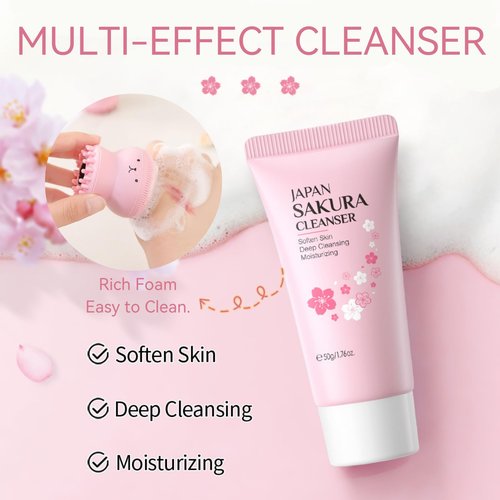 Skincare Set Sakura Teen Girls Gifts - Skin Care Set - Skincare for Teens 10-12 Hydrating - Travel Size Facial Kit for Women with Cleanser,Serum,Cream,Bunny Headband,Cleansing Brush（5pcs）