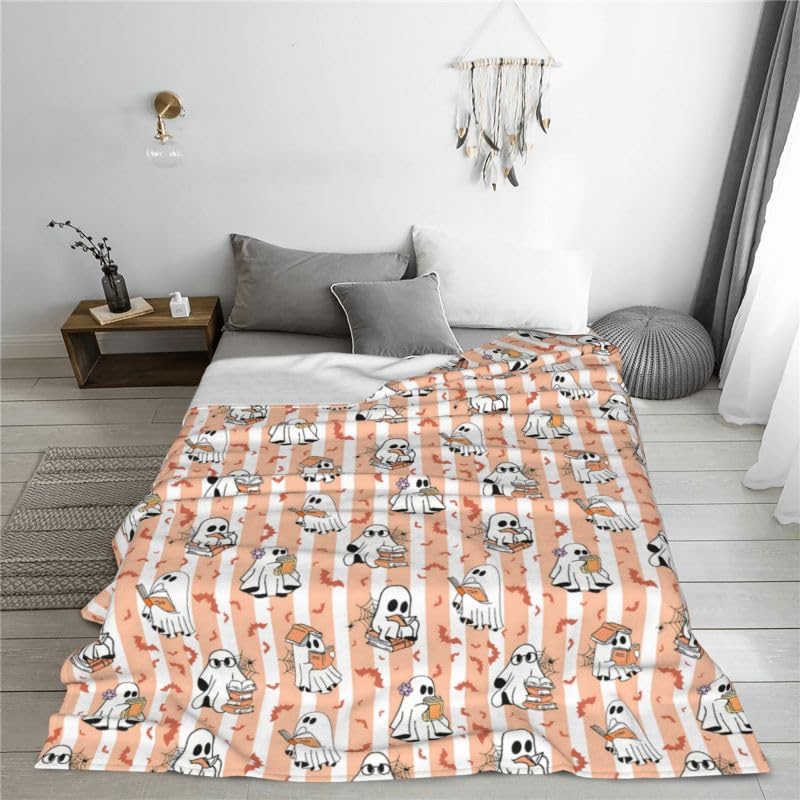 Halloween Ghost Reading Blanket - Orange 60x50 Inch Cozy Flannel Throw