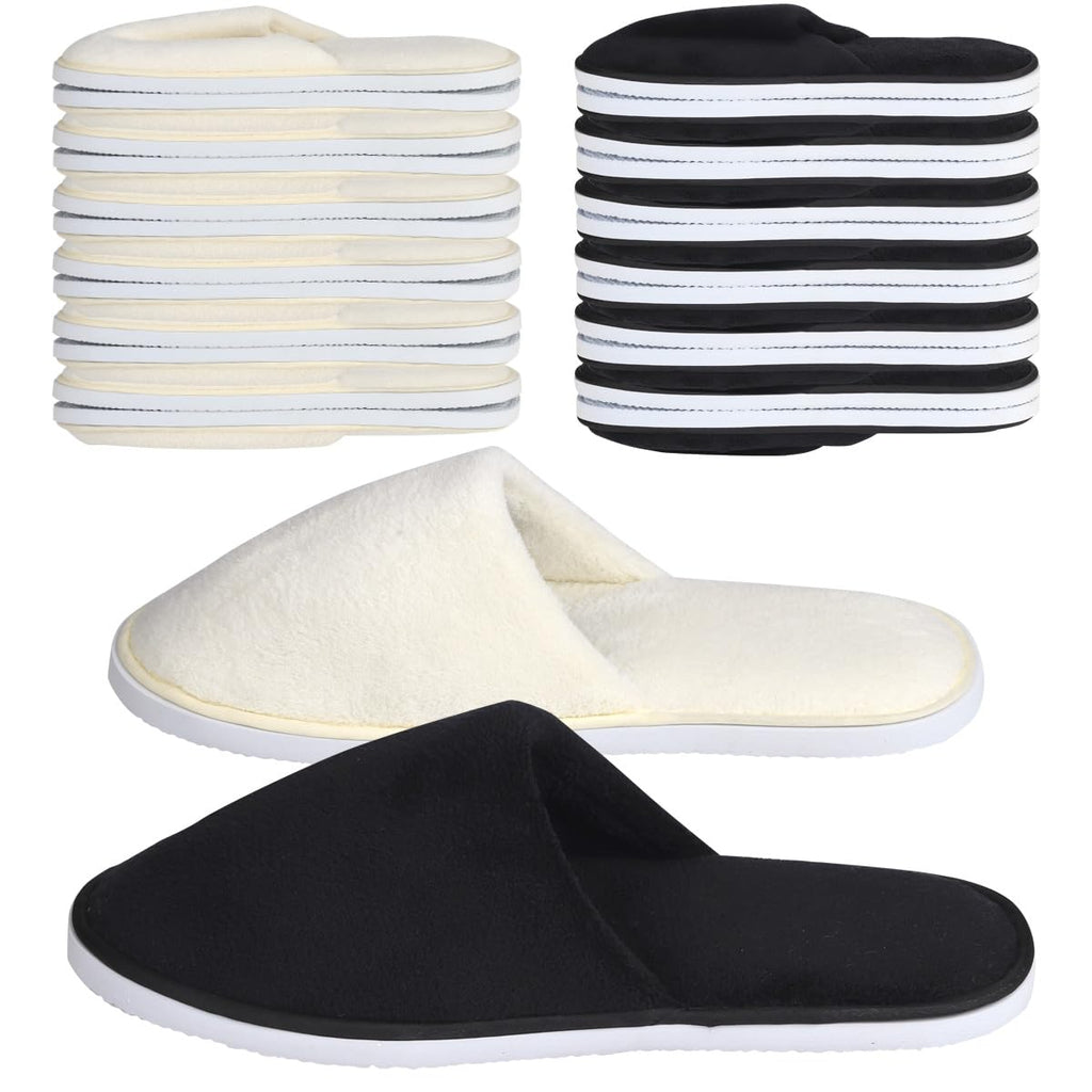 Yeios Disposable Slippers for Guest 12 Pairs Hotel Slippers Spa Slippers for Travel,0.78inch Extra Thick Sole 180GSM Coral Fleece Non-slip Reusable Washable,Two Size for Women and Men Beige and Black