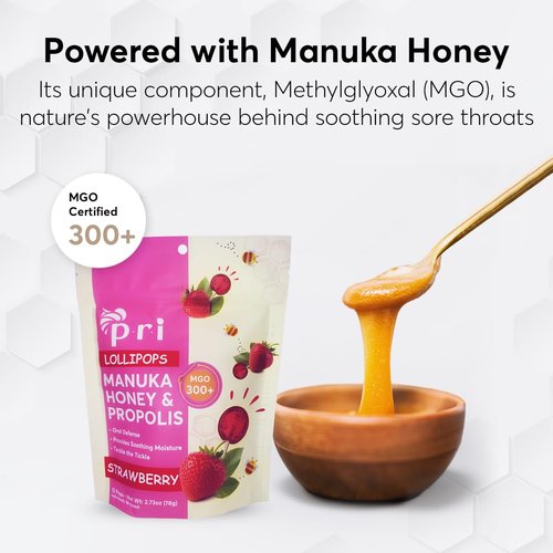P.R.I Strawberry Manuka Honey Lollipops - Throat Soothing Pops with Propolis & Menthol | 24 Count