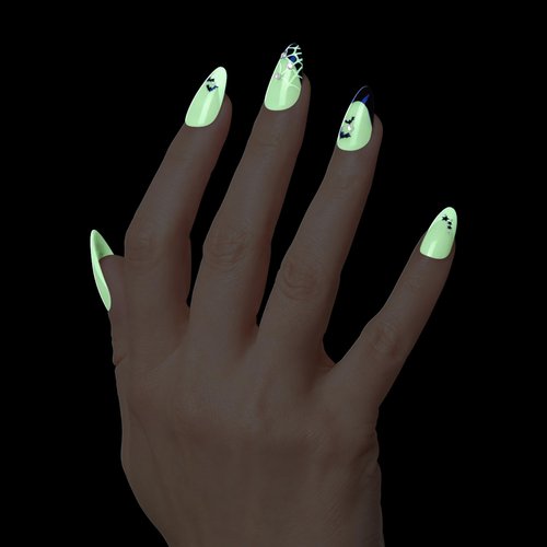 KISS Voguish Fantasy Halloween Press On Nails Almond, ‘Witch Out’, Black and White, Medium Length, Glow In The Dark, Jewel Stones, Pink Gel Nail Glue (2g), 28 Fake Nails