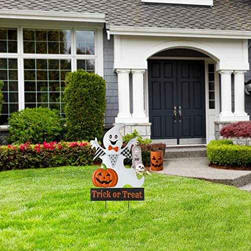 Rustic Lighted Halloween Ghost Yard Stake with Timer & Glowing Eyes - Outdoor Decor