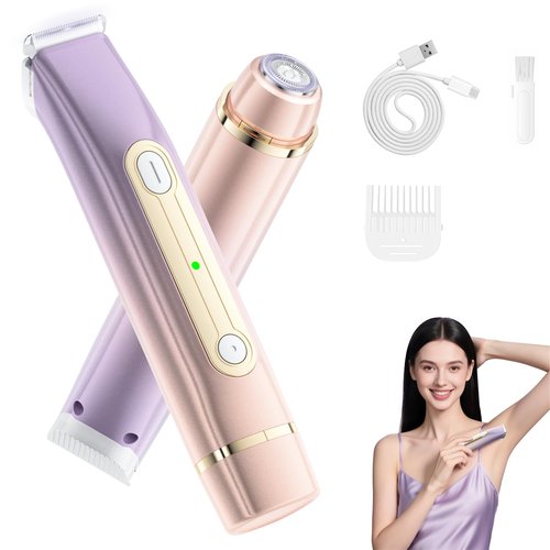 Lmpil Bikini Trimmer for Women, 2-in-1 Electric Razor with Dual Heads, Ceramic Blade, Waterproof & Rechargeable, Painless Pubic Hair Shaver for Bikini, Underarm, Legs, Face — PinkPurple