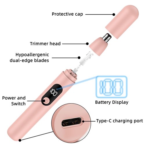 Bilitase Nose Hair Trimmer Rechargeable Cordless Painless Ear and Eyebrow Trimming Tool-Dual Edge Easy Cleansing for Man Woman (Pink)