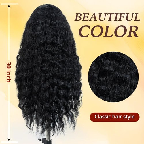 Rebecca Q Water Wavy Wig Long Wavy Lace Front Wig For Women T-Part Natural Hairline Synthetic Wigs Long Black Wig For Daily Cosplay Party 30 inches