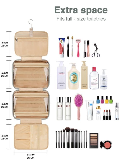 COOSKY Women's Hanging Toiletry Bag, Waterproof Travel Cosmetic Organizer with Jewelry Storage, Large Capacity Makeup Case for Full-Size Skincare & Bathroom Essentials, Portable Cosmetic kit, Grey