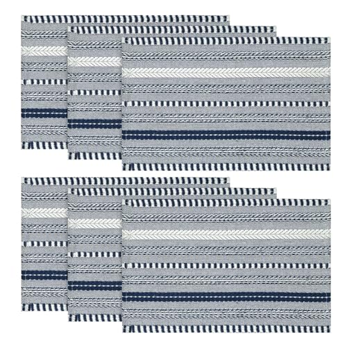 Dark Blue Woven Braided Stripe Placemats Set of 6 - 12x18 Inches