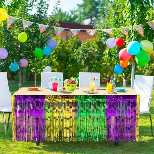 4 Pack Mardi Gras Metallic Foil Fringe Table Skirts - Gold, Green, Purple