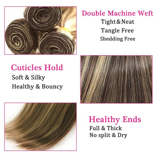 P4/613 Blonde Bundles Human Hair Straight Bundles 16 18 20 Inch Human Hair Weave 3 Bundle Unprocessed Brazilian Virgin Hair Brown Straight Human Hair Extensions 50 Grams/Bundle