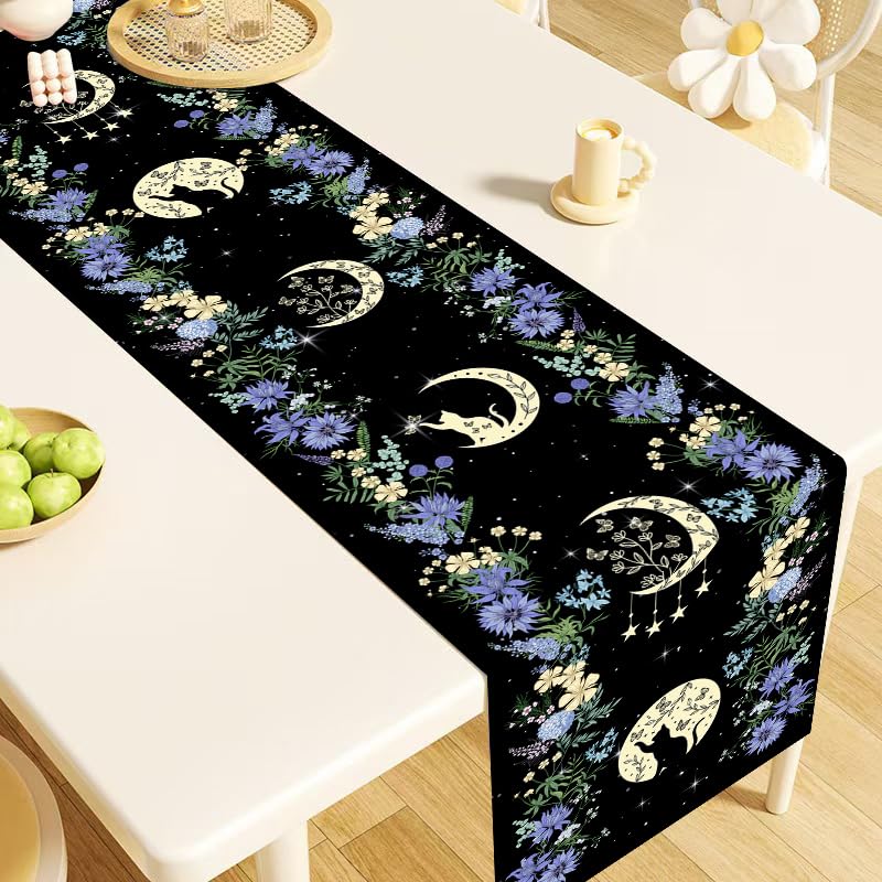 Black Cat Moon Phase Table Runner - Blue Moonphase, 13x36 Inch, Rustic Linen Decor