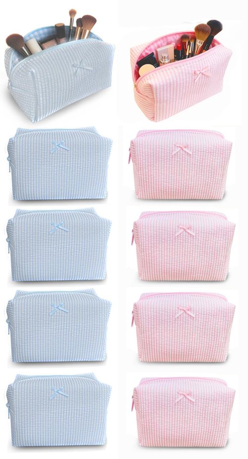 10 Pcs Cotton Quilted Makeup Bags Bulk-Easter Basket Gifts Bulk Bow Stripe Cosmetic Bags Coquette Aesthetic Makeup Pouch with Zipper Travel Portable Bag Preppy Gifts for Women (Blue 5pcs+Pink 5pcs)